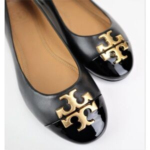 TORY BURCH Everly Cap Toe Ballet Flats 
Leather Black Black Flats Gold logo Sz 9
